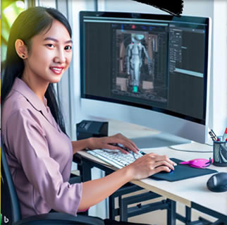 Image of young woman at workstation generated by Bing Designer using artificial intelligence (AI)
