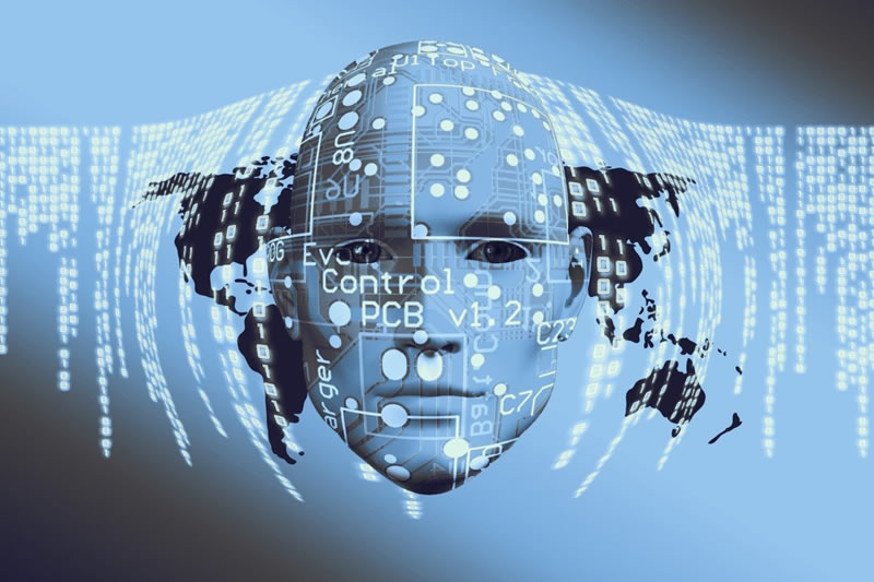 Cyborg head superimposed over map of world with programming code to illustrate article on Facebook AI generated chatbots