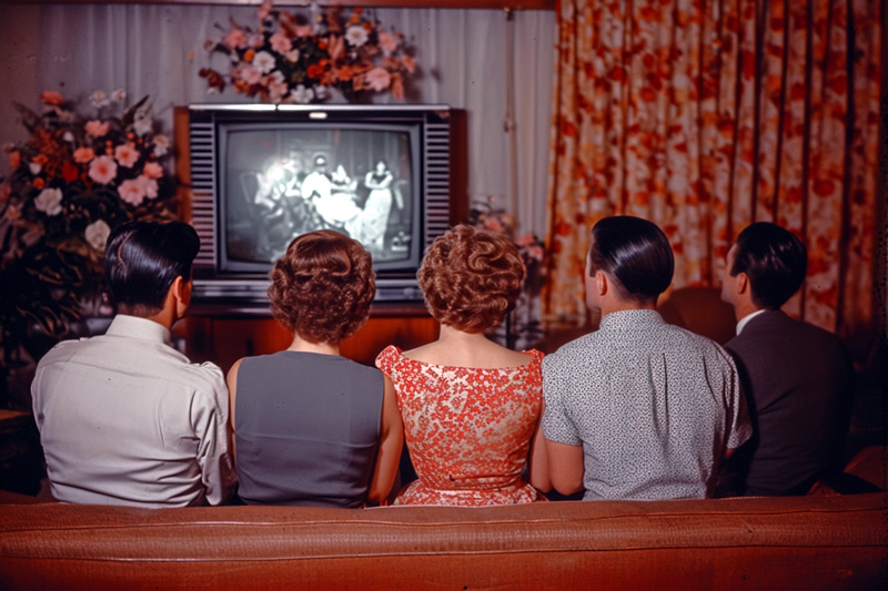 Retro image of family watching black & white TV for article on Marketing Trends That Have Made a Comeback in 2024
